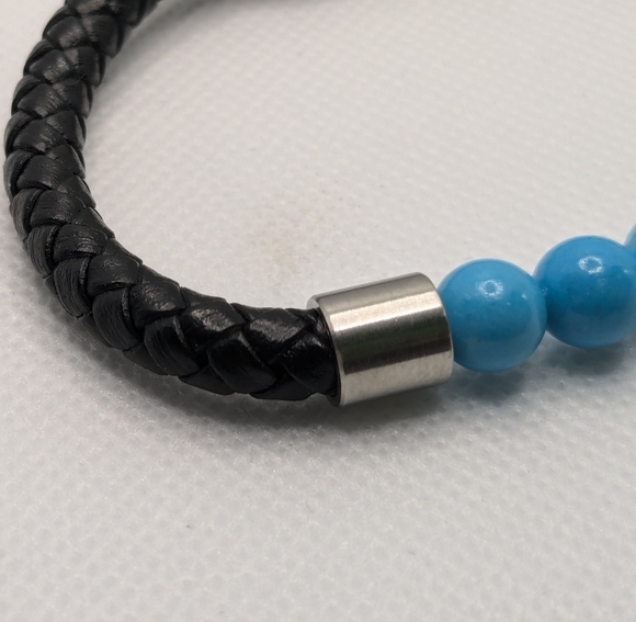 Blue Howlite Beaded Bracelet & Black Leather Stainless Steel Magnetic Clasp Set - Picture 5 of 10
